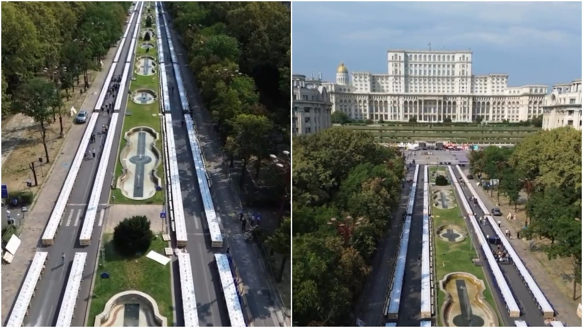 Masa lungă din materiale reciclabile pregătită pentru evenimentul din București Masa lungă din materiale reciclabile pregătită pentru evenimentul din București