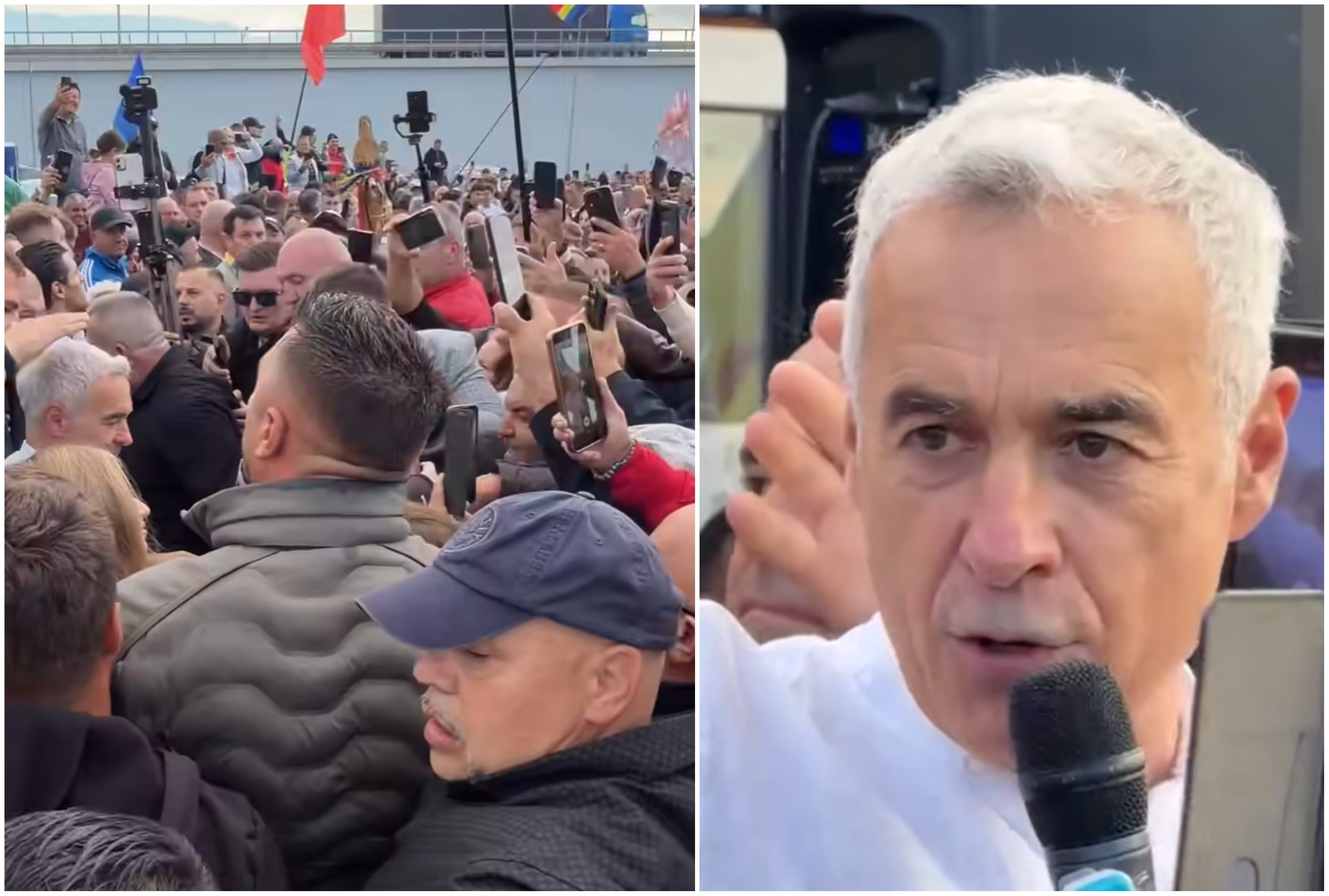 Călin Georgescu în piața din Oradea, discurs, oameni adunați Călin Georgescu în piața din Oradea, discurs, oameni adunați