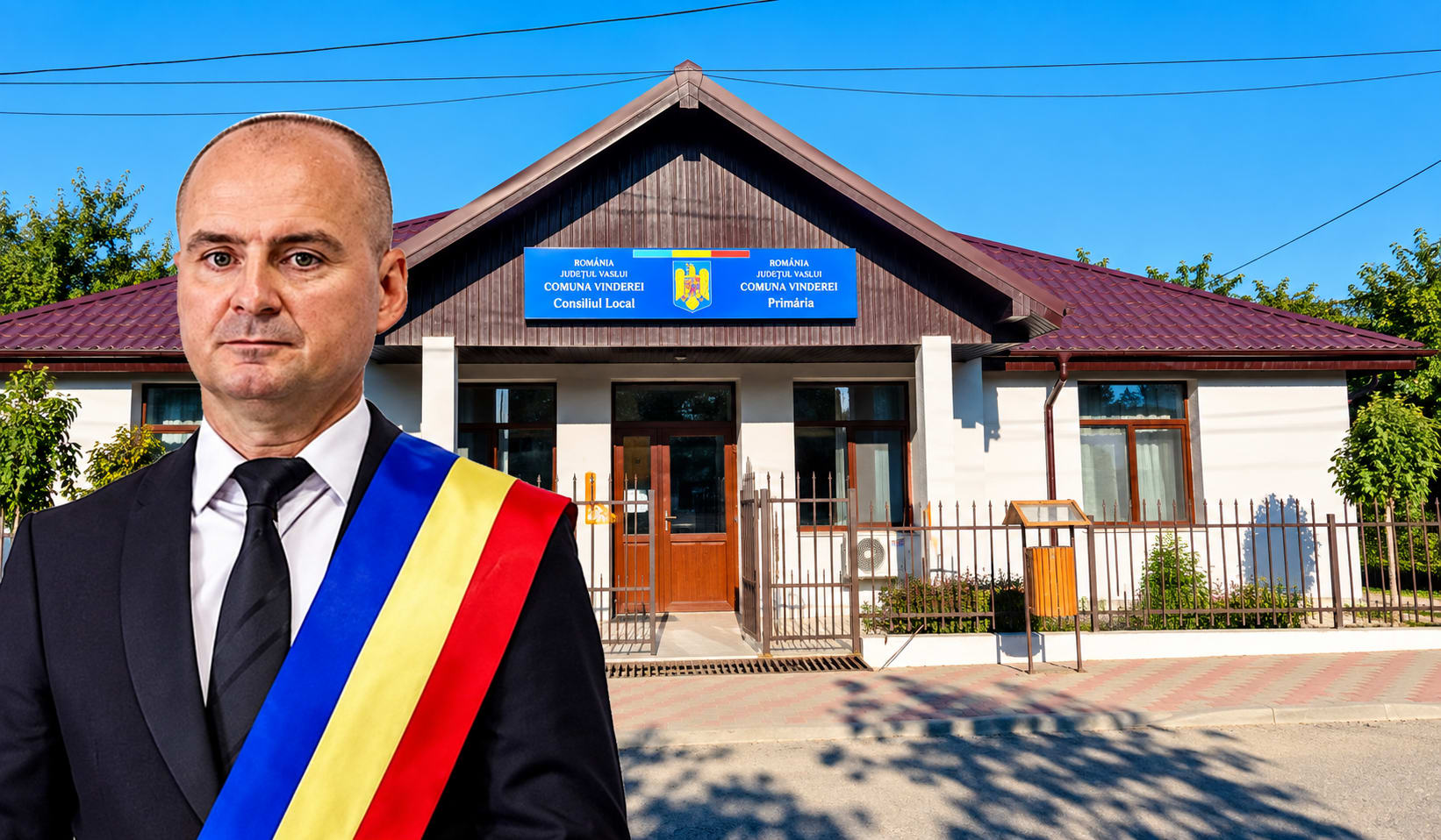Primar Ionuț Ghiur în fața primăriei din Vinderei Primar Ionuț Ghiur în fața primăriei din Vinderei