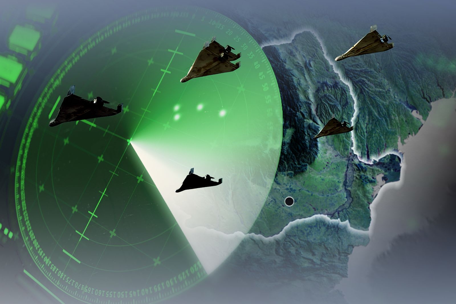 dronă militară în zbor peste câmp deschis, radar și echipamente de monitorizare