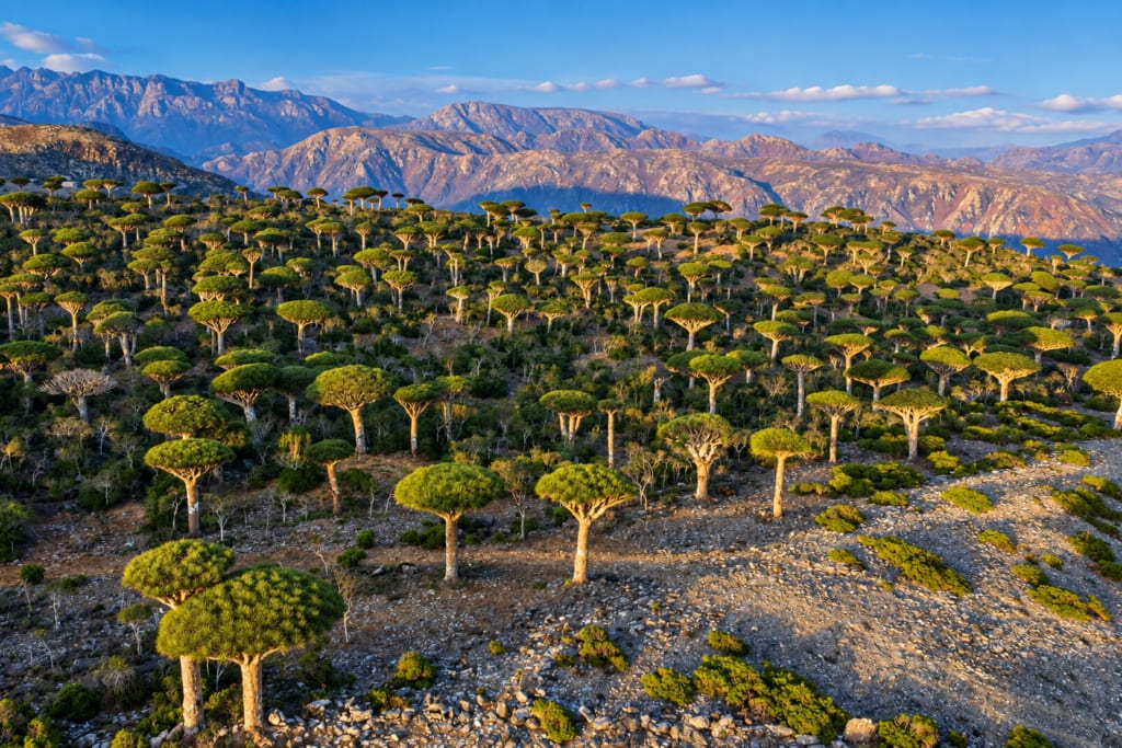 peisaj extraterestru insula Socotra, copaci ciudați și vegetație unică