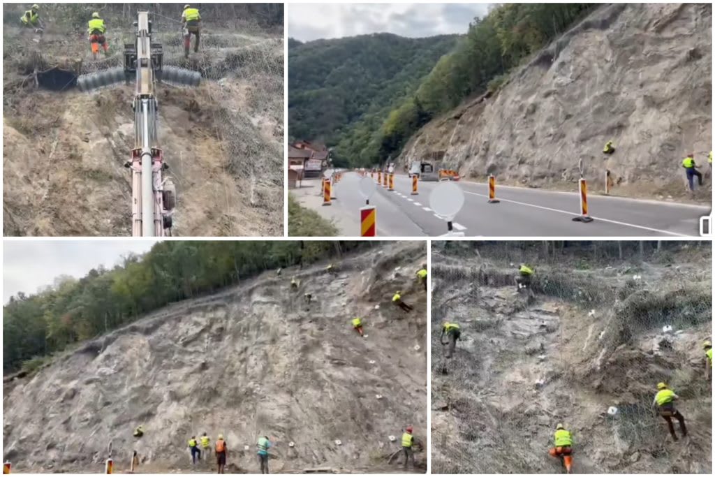 Echipă de muncitori montează plase de protecție pe versanți în Valea Oltului Echipă de muncitori montează plase de protecție pe versanți în Valea Oltului