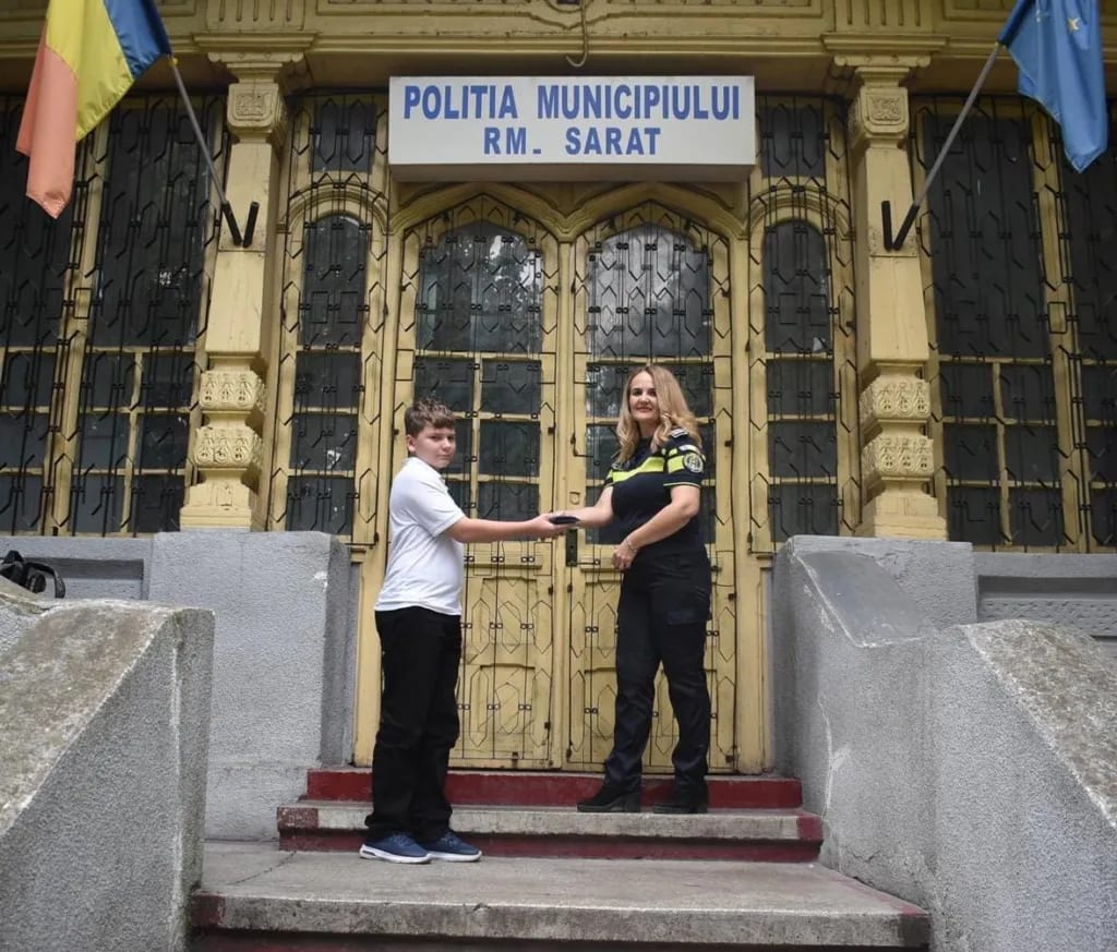 copil predând portofel poliției, gest civic copil predând portofel poliției, gest civic