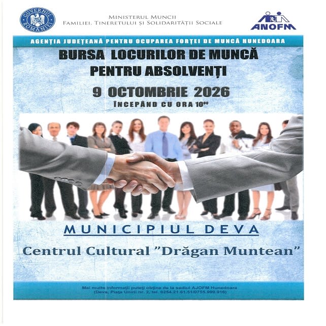 Agenția Județeană pentru Ocuparea Forței de Muncă Hunedoara organizează Bursa locurilor de muncă pentru absolvenți