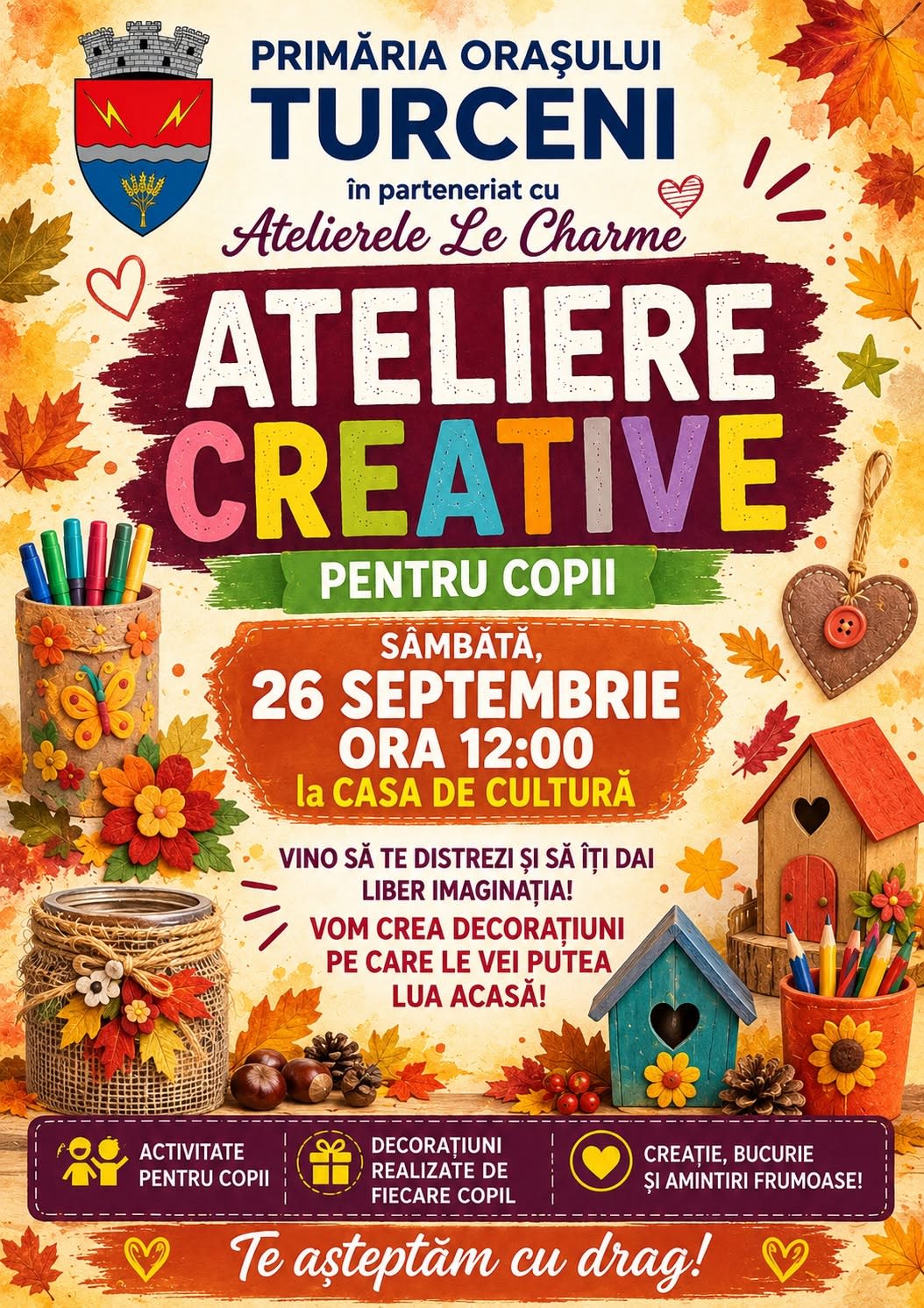 Casa de Cultură Turceni organizează atelier de toamnă pentru copii pe 26 septembrie