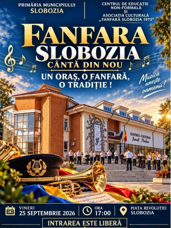 Fanfara Slobozia în timpul spectacolului, muzicieni pe scenă Fanfara Slobozia în timpul spectacolului, muzicieni pe scenă