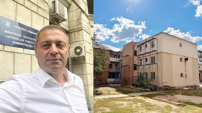 Lucrări de consolidare seismică în Scornicești, muncitori și echipamente Lucrări de consolidare seismică în Scornicești, muncitori și echipamente
