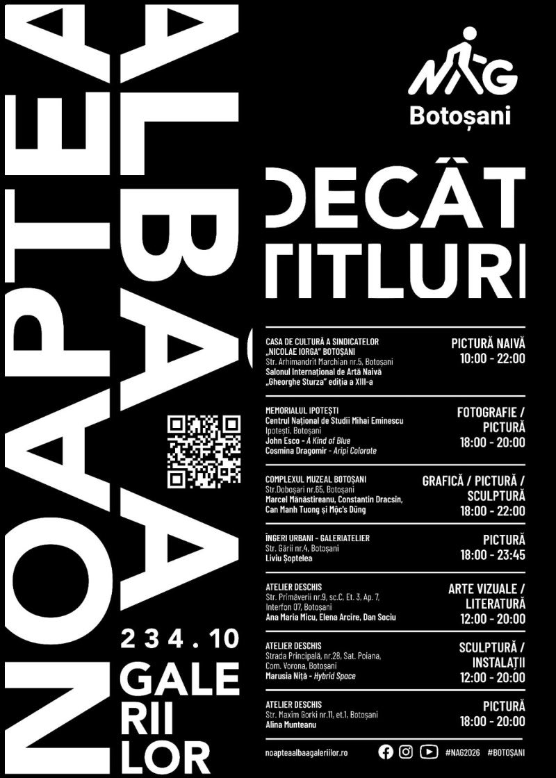 Noaptea Albă a Galeriilor 2026 va transforma Botoșaniul într-un circuit al artei: 7 spații și 12 artiști