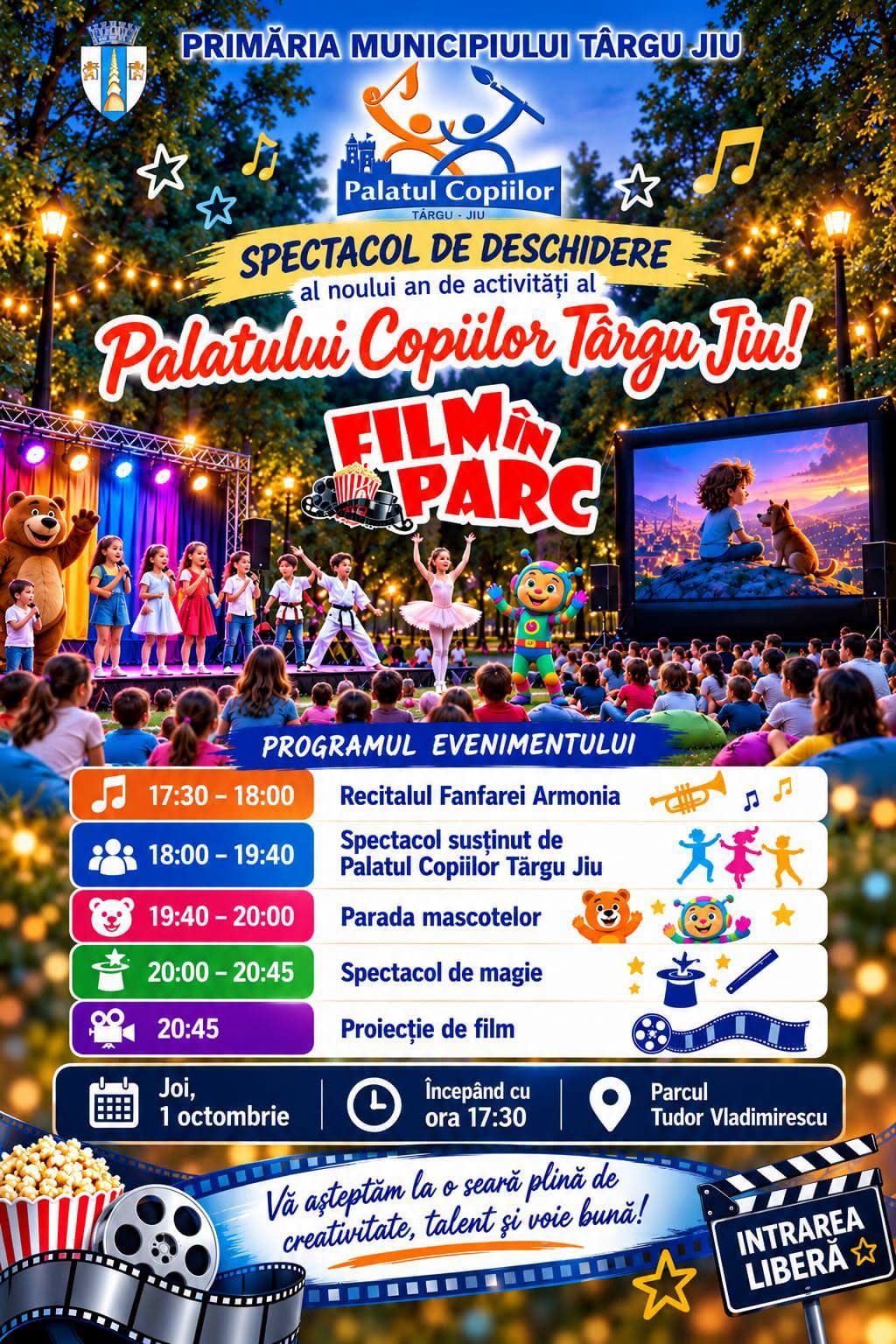 Târgu Jiu organizează joi eveniment special în parc cu film și spectacole