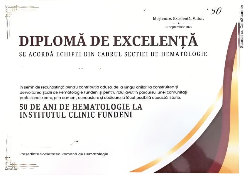 Diploma de excelență pentru secția de hematologie a Spitalului Județean Brașov Diploma de excelență pentru secția de hematologie a Spitalului Județean Brașov