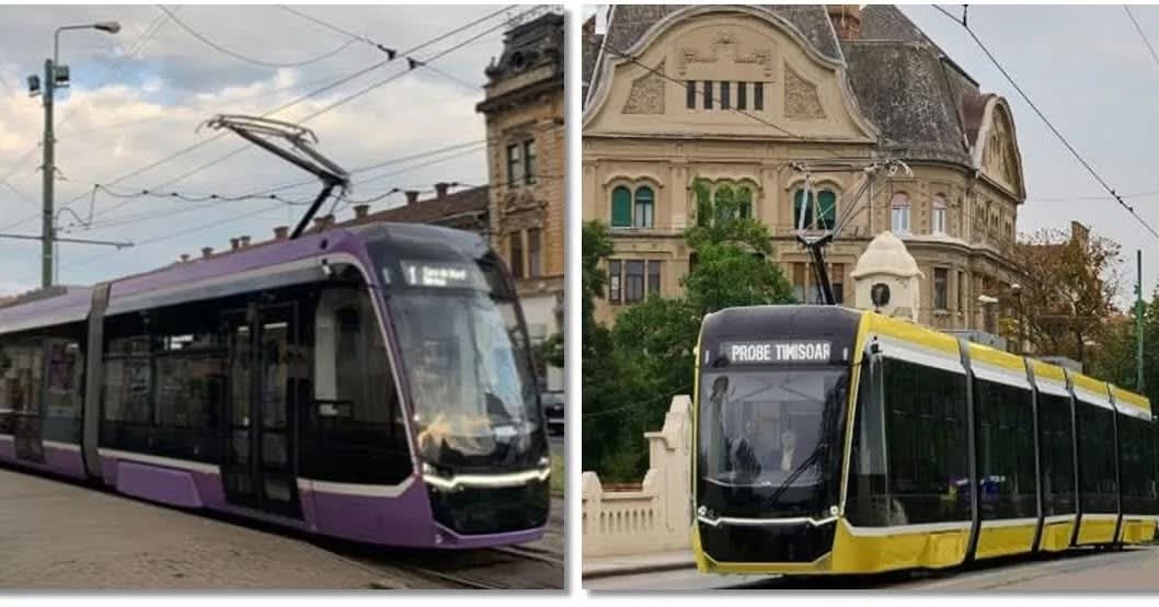tramvai alb-violet în Timișoara