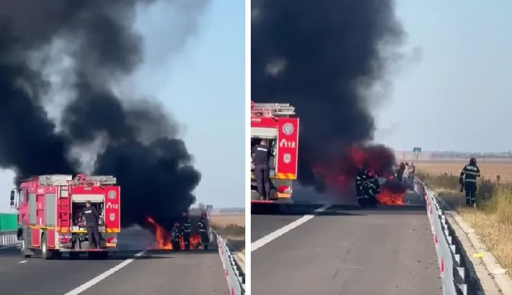 Mașină în flăcări pe Autostrada Moldovei A7: traficul a fost blocat temporar