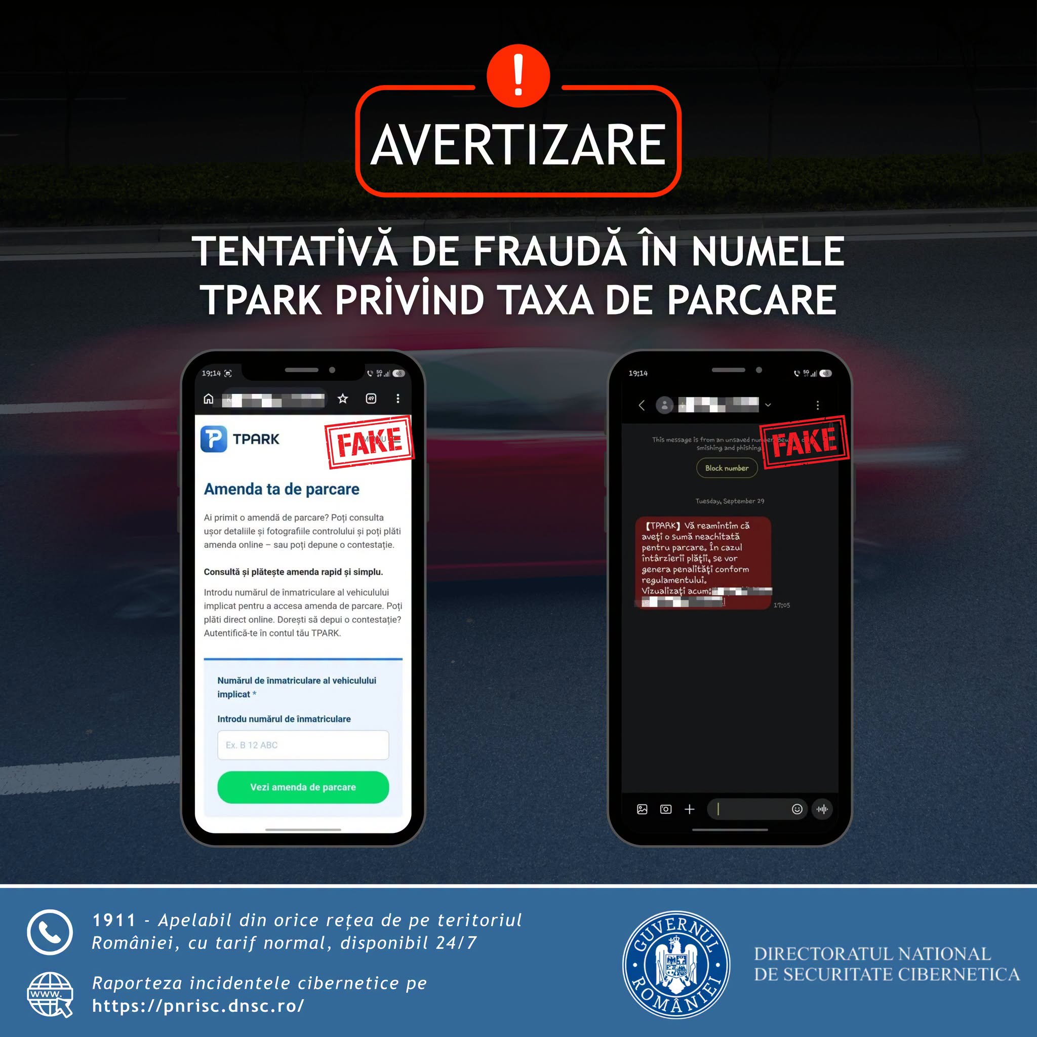 Avertisment privind mesaje SMS false în numele TPARK pentru fraudare