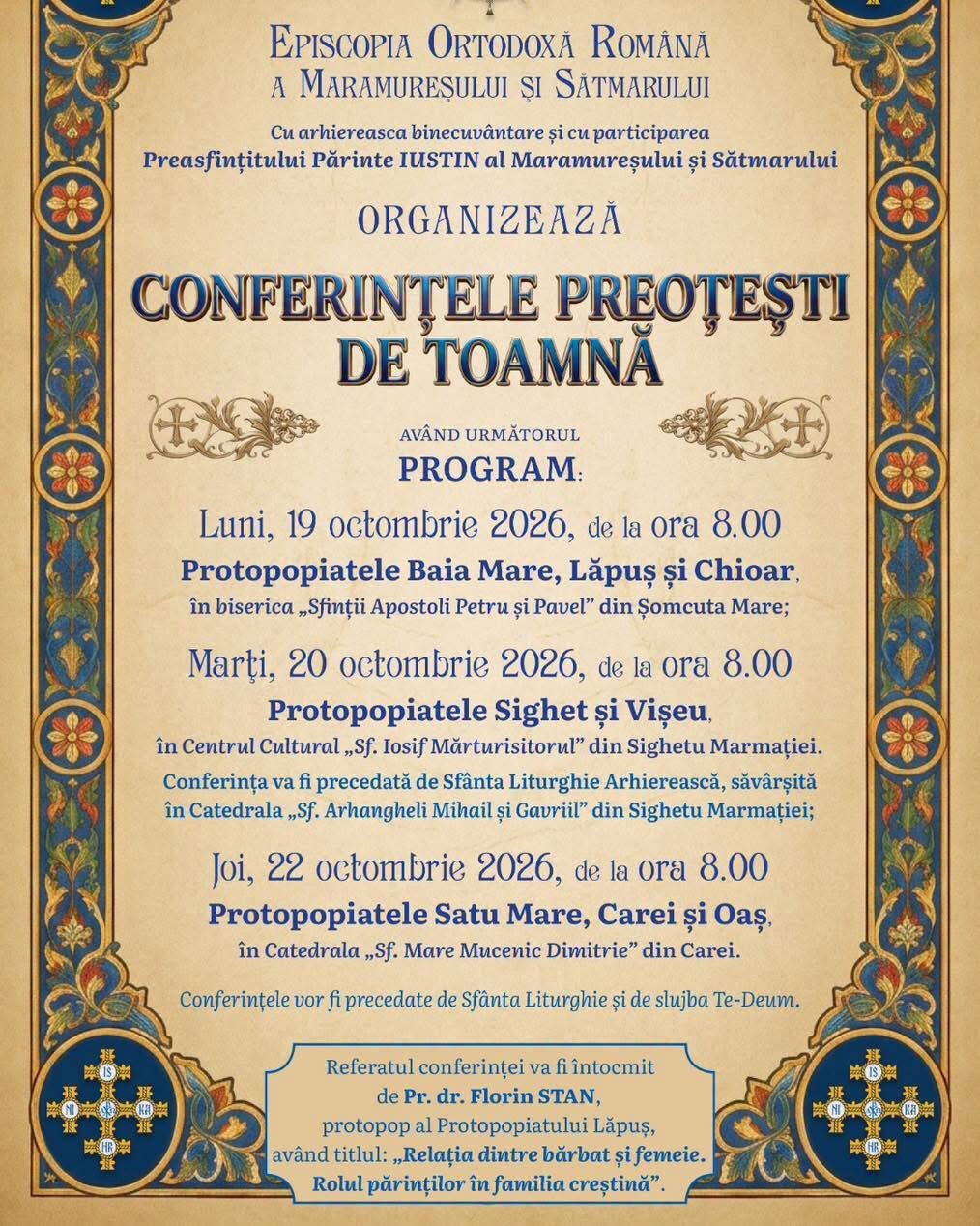 Conferințele preoțești de toamnă se vor desfășura la Carei, între 19-22 octombrie