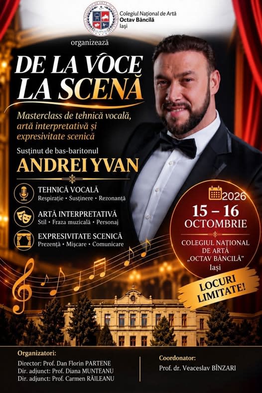 Colegiul Național de Artă „Octav Băncilă” Iași organizează masterclass de tehnică vocală