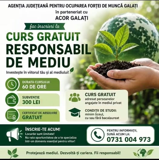Curs gratuit de responsabil de mediu la Galați Curs gratuit de responsabil de mediu la Galați