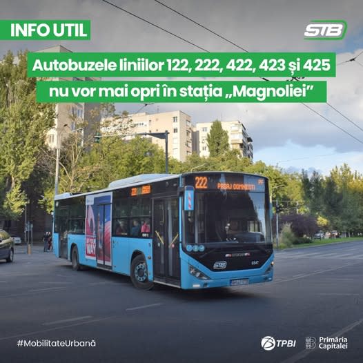 Autobuzele liniilor 122, 222, 422, 423 și 425 nu mai opresc în stația Magnoliei pe Prelungirea Ghencea
