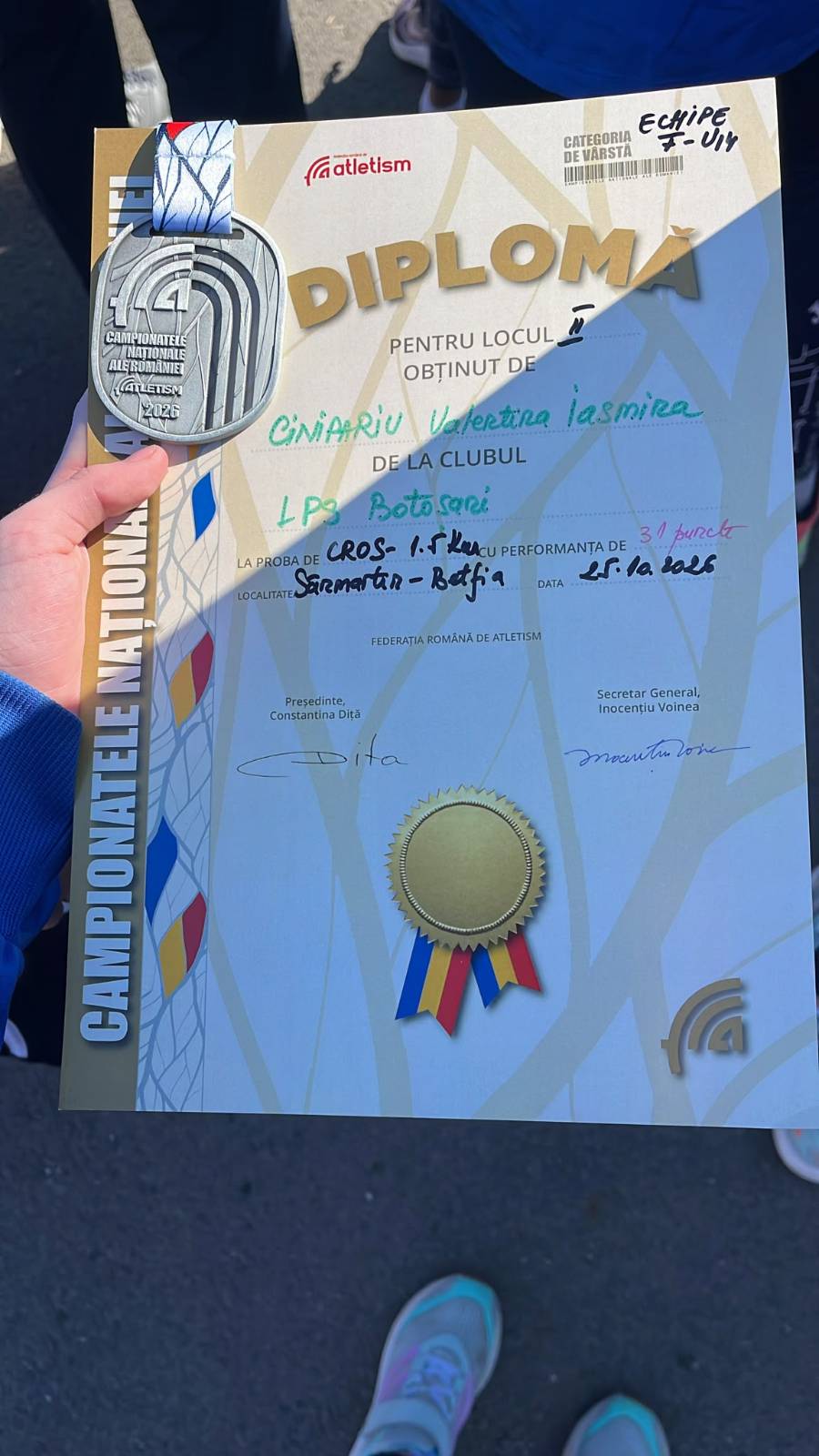 Diploma pentru locul II la Campionatele Naționale de cros, echipe U14 feminin, LPS Botoșani