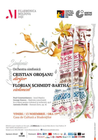Orchestra simfonică în concert cu dirijor și solist violoncelist