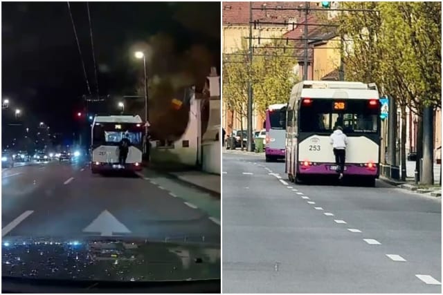 Tineri agățați de autobuzele CTP Cluj-Napoca în mers, un comportament extrem de periculos
