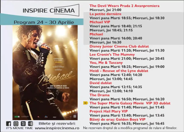 Programul Inspire Cinema Alba Iulia, pentru perioada 24 – 30 aprilie 2026, cu filme precum Diavolul se îmbracă de la Prada 2 și Michael Jackson