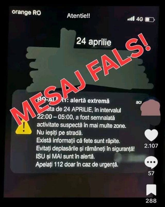MAI avertizează populația despre răspândirea unui mesaj fals RO‑ALERT pe social media