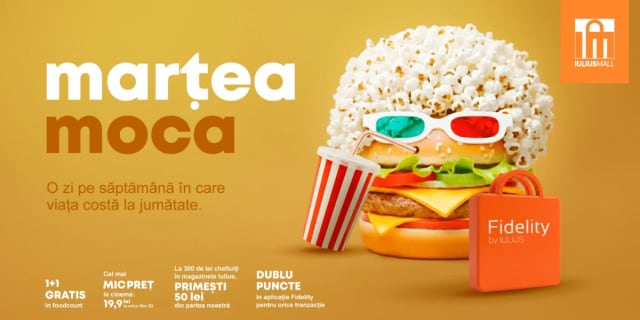 Marțea Moca aduce oferte speciale la Iulius Mall Suceava: 1+1 la food court, filme la preț redus și puncte duble în aplicație