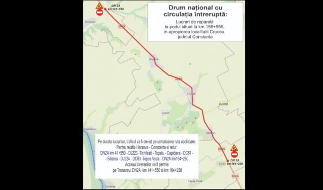 Circulația rutieră rămâne închisă pe DN2A în apropierea localității Crucea, Constanța
