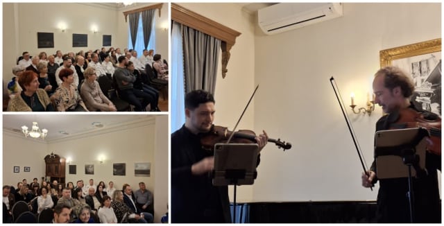 Violonist interpretând un Stradivarius în salonul cultural din Arad