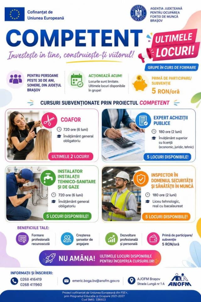 AJOFM Brașov oferă cursuri gratuite pentru șomerii de peste 30 de ani în iulie 2026