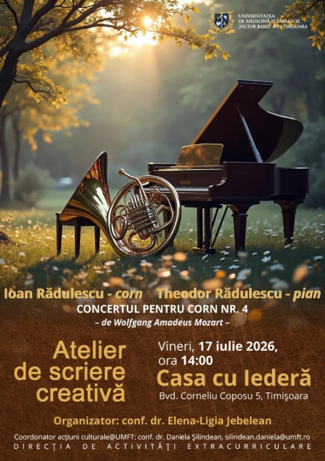 Universitatea de Medicină și Farmacie din Timișoara organizează atelier de scriere creativă și audiție muzicală cu concertul pentru corn nr. 4 de Mozart