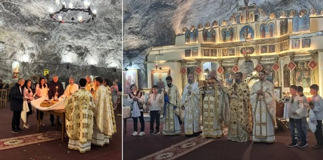 (FOTO) Slujbă de hram la 240 de metri sub pământ, în Salina Târgu Ocna. Minerii, cinstiți prin rugăciune