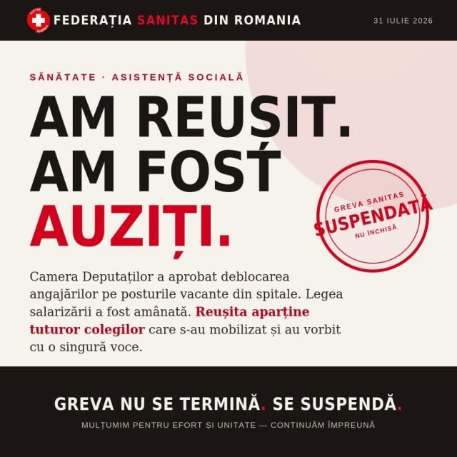 Sanitas a suspendat greva generală din sănătate și cere reluarea negocierilor pentru o nouă lege a salarizării