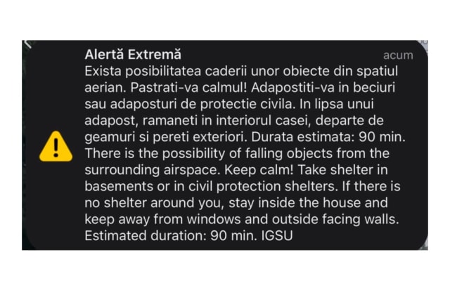 Locuitorii din județul Tulcea, avertizați din nou prin mesaj Ro-Alert despre posibilitatea căderii unor obiecte din spațiul aerian