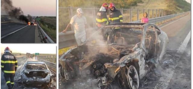 Mașină în flăcări pe autostrada Timișoara - Arad, joi dimineață