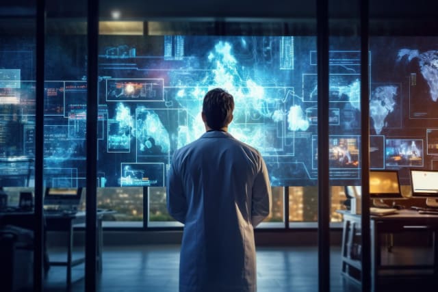 Medici și cercetători în laborator cu echipamente avansate