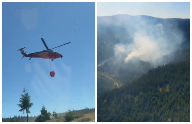 Incendiul din pădurile de la Mărișel, greu de stins: intervenție cu elicopter Black Hawk și Bambi Bucket de 2.500 litri
