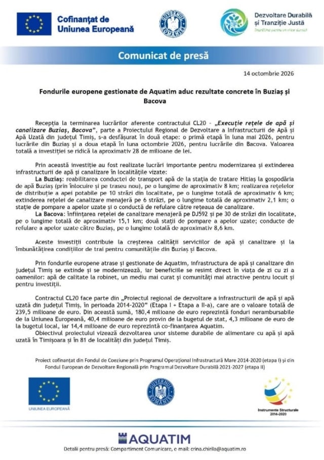 Aquatim finalizează lucrările de apă și canalizare în Buziaș și Bacova