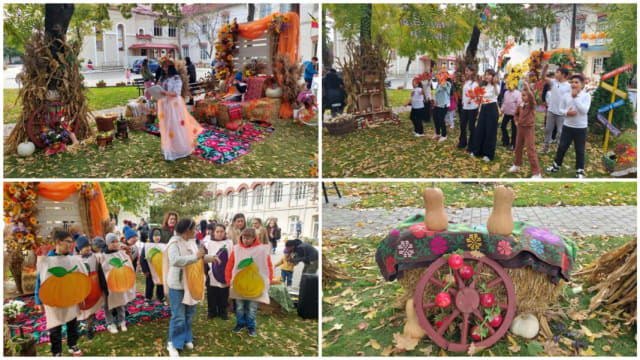 copii și părinți participând la festival, decor de toamnă, activități creative