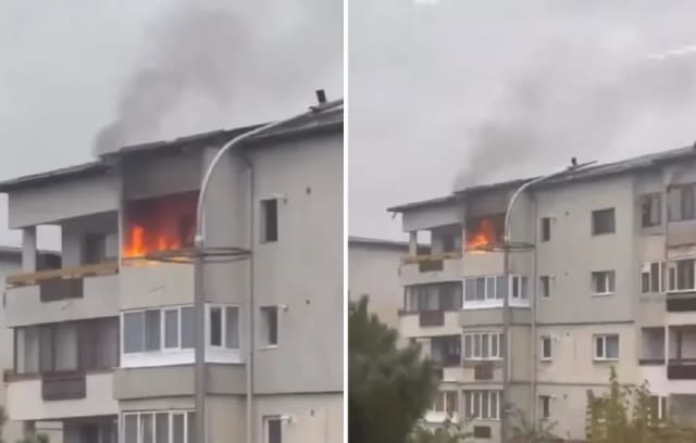 flăcări și echipaj de pompieri intervenind la incendiu în Târgu Ocna