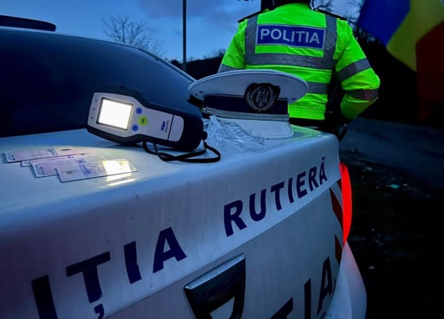 Polițist rutier în ploaie la Botoșani