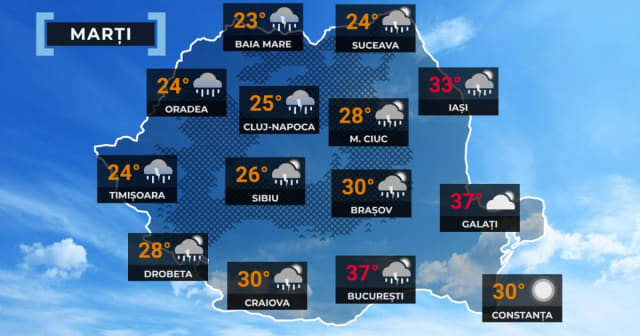 cer înnorat cu ploi și descărcări electrice