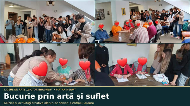 Elevi și seniori participând la activități artistice și muzicale
