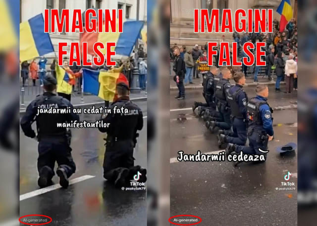 imagine generată cu inteligența artificială, jandarmi în genunchi
