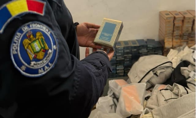 Polițiști de frontieră inspectând bunuri contrafăcute