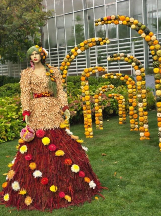 aranjamente colorate de flori și dovleci la expoziția de toamnă