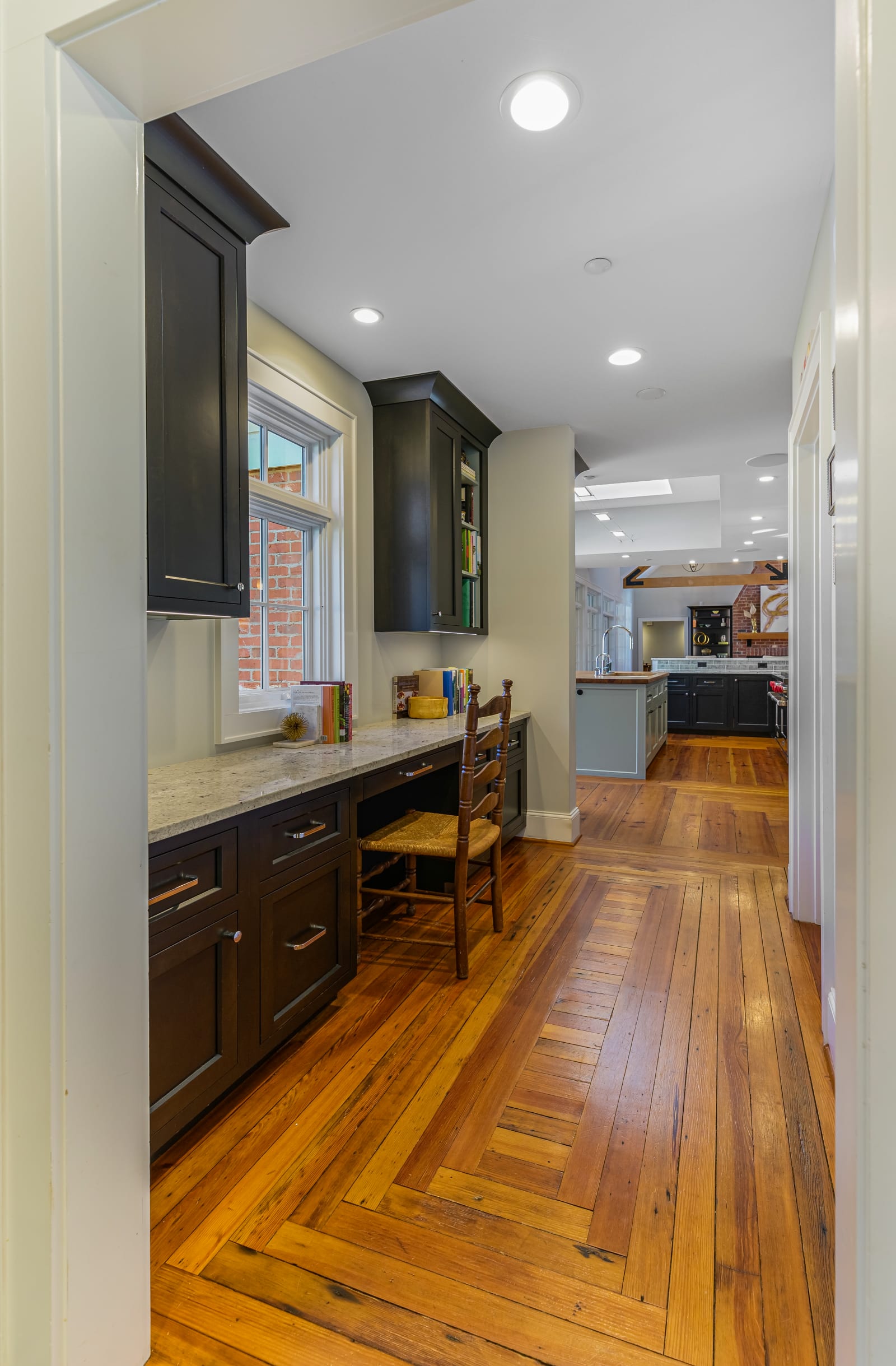 Heart pine hallway with built-in desk