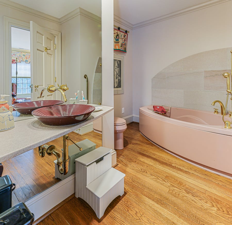 Red bedroom nursery full bathroom