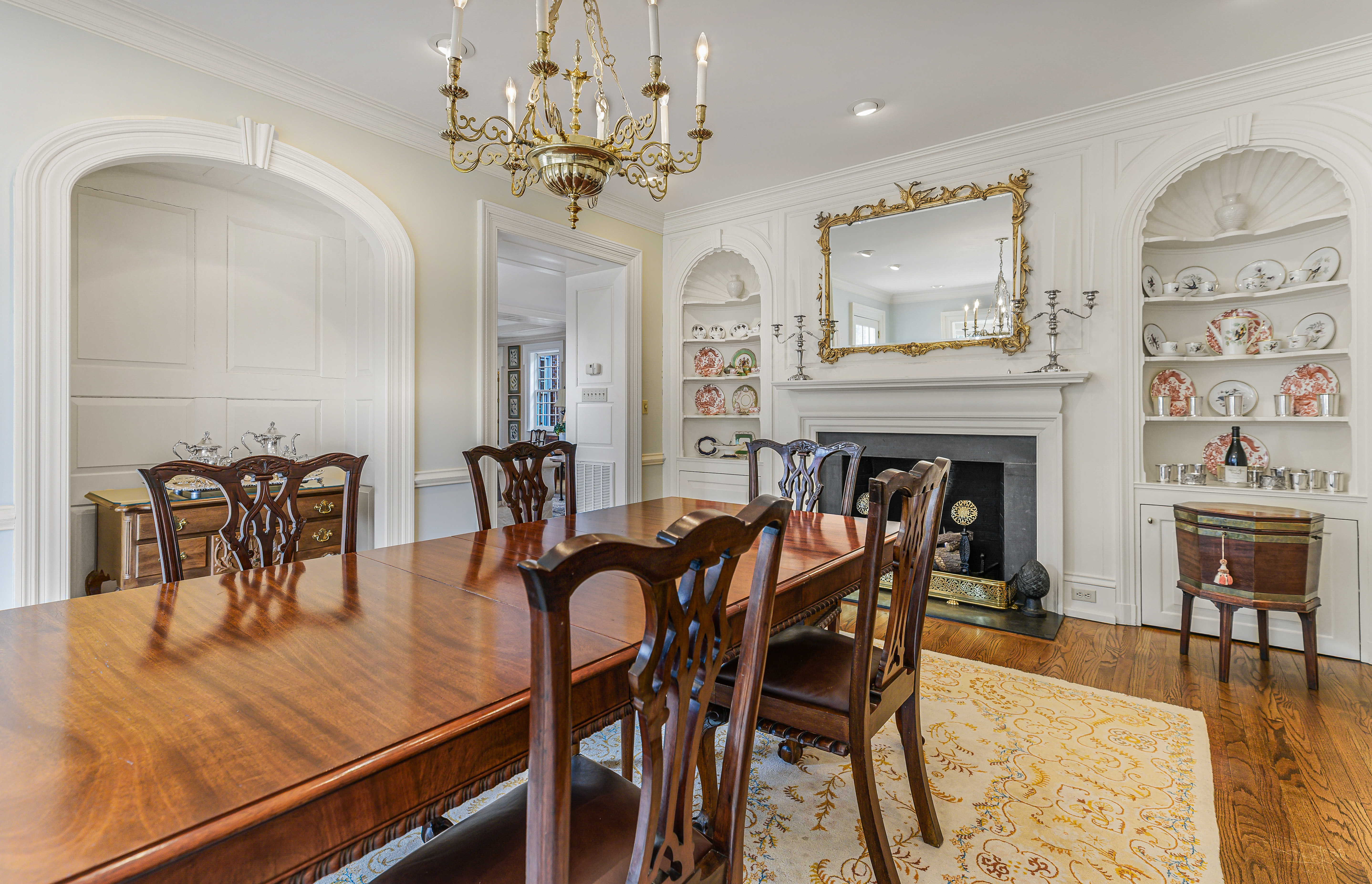 Garran Hill dining room — original chandelier, shell cabinets, frontispiece, 1916