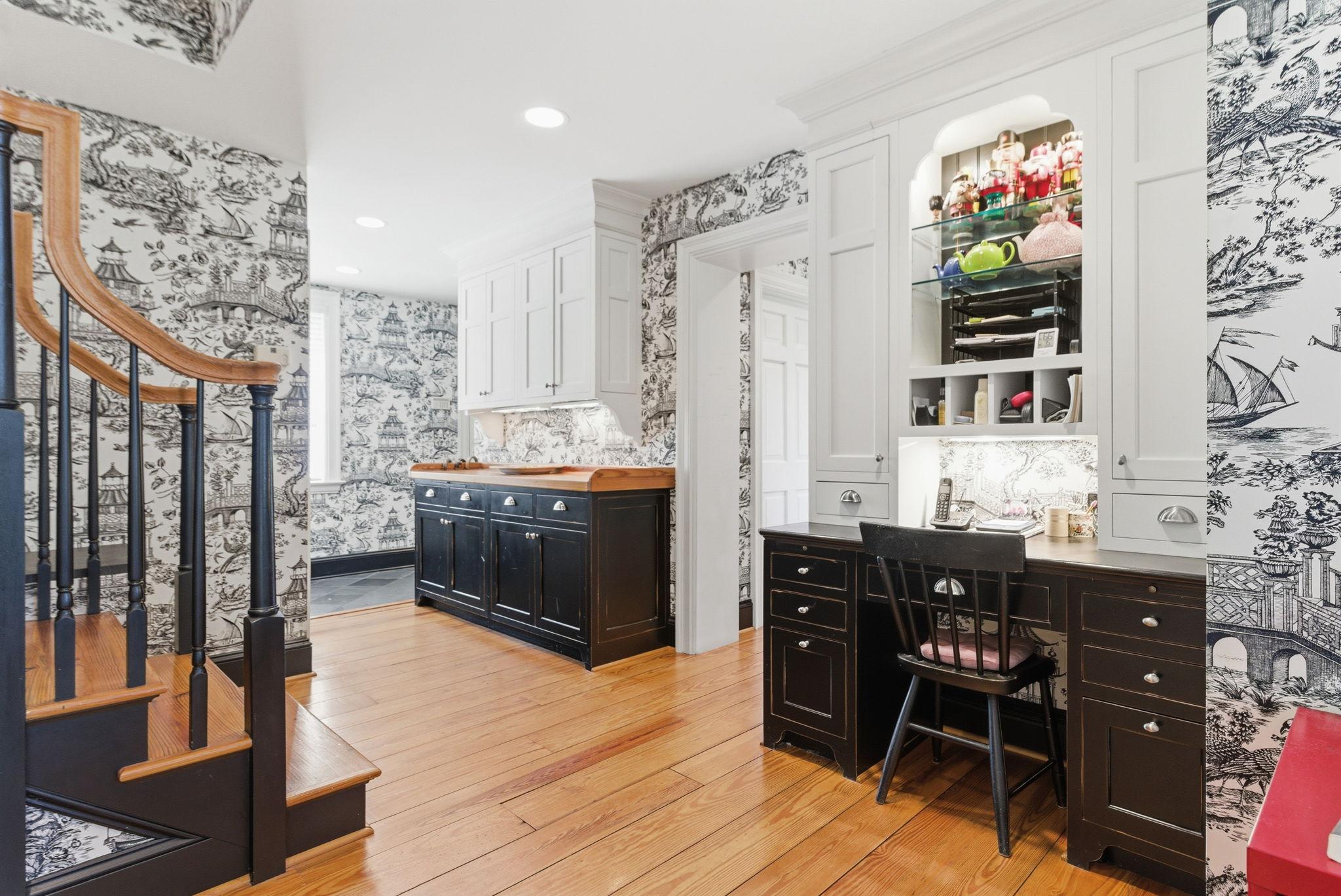 Garran Hill butler's pantry — built-in cabinetry, farmhouse sink, toile wallpaper